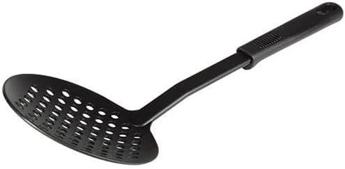 12 1/2” Cooking Skimmer High-Heat Nylon & Polypropylene Handle Black Color- Heat Resistant up to 410°F Cooking Skimmer Strainer Spoon Skimmer Spoon with Holes for Draining Frying