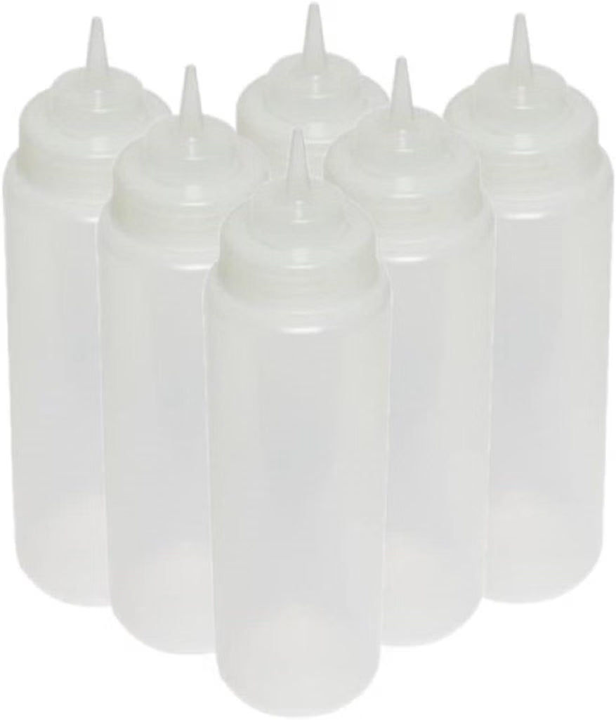 Set of 6 Squeeze Condiment Wide Mouth Dispensing Bottles - Plastic Squeeze Bottle for Sauces Spreads Ketchup Mustard Mayo Hot sauces and Olive oil