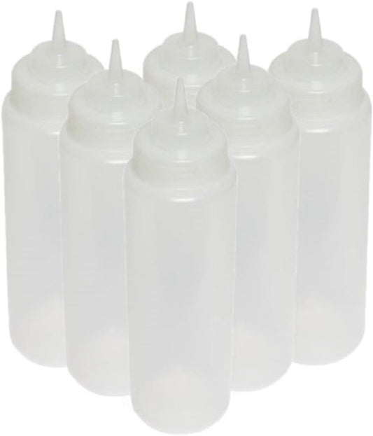 Set of 6 Squeeze Condiment Wide Mouth Dispensing Bottles - Plastic Squeeze Bottle for Sauces Spreads Ketchup Mustard Mayo Hot sauces and Olive oil