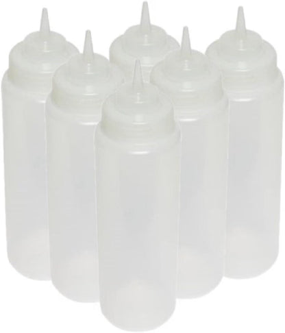 Set of 6 Squeeze Condiment Wide Mouth Dispensing Bottles - Plastic Squeeze Bottle for Sauces Spreads Ketchup Mustard Mayo Hot sauces and Olive oil