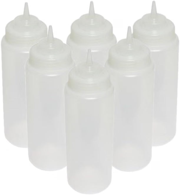 Set of 6 Squeeze Condiment Wide Mouth Dispensing Bottles - Plastic Squeeze Bottle for Sauces Spreads Ketchup Mustard Mayo Hot sauces and Olive oil