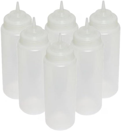 Set of 6 Squeeze Condiment Wide Mouth Dispensing Bottles - Plastic Squeeze Bottle for Sauces Spreads Ketchup Mustard Mayo Hot sauces and Olive oil