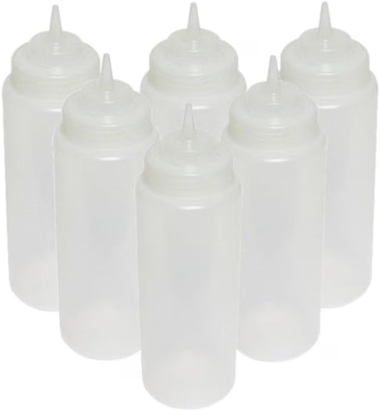 Set of 6 Squeeze Condiment Wide Mouth Dispensing Bottles - Plastic Squeeze Bottle for Sauces Spreads Ketchup Mustard Mayo Hot sauces and Olive oil