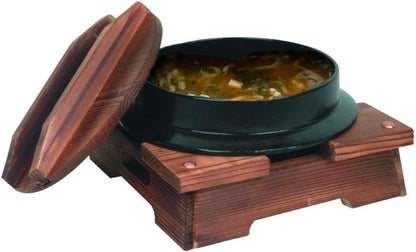 Cast Iron Japanese Noodle Bowl with Wooden Lid and Base - Japanese Style Traditional Cookware Serveware Nabemono Hot Pot Stockpot Wok Cooking Ideal for Restaurants Home
