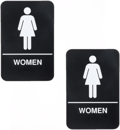 6" x 9" Women Restroom Sign with Braille Easy Peel Self-Adhesive White on Black Color Set of 2- Waterproof Self Adhesive Store Signs Indoor/Outdoor Warning Marker Home Business Use