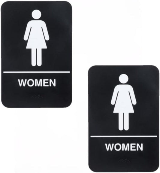 6" x 9" Women Restroom Sign with Braille Easy Peel Self-Adhesive White on Black Color Set of 2- Waterproof Self Adhesive Store Signs Indoor/Outdoor Warning Marker Home Business Use