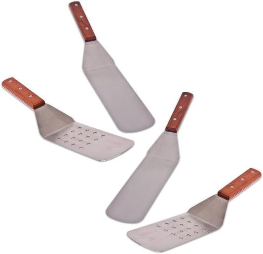 4 Piece Combo 14.5" Grill Turner BBQ Stainless Steel Spatulas- (2) Perforated Turner and (2) Solid Turner- Griddle Scraper Pancake Flipper Hamburger Turner Outdoor Barbecue Turners