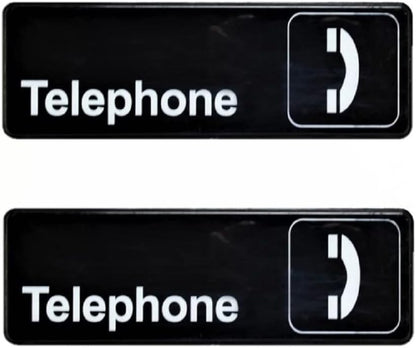 9" x 3" Telephone Sign with Easy Peel Self-Adhesive White on Black Color Set of 2- Door Sign Waterproof Self Adhesive Store Signs Indoor/Outdoor Warning Marker Home Business Use
