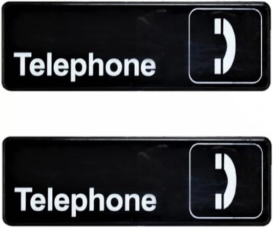 9" x 3" Telephone Sign with Easy Peel Self-Adhesive White on Black Color Set of 2- Door Sign Waterproof Self Adhesive Store Signs Indoor/Outdoor Warning Marker Home Business Use
