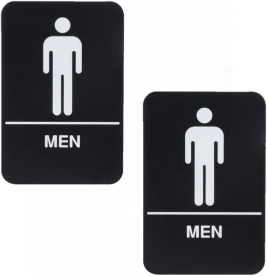Set of 2 Men Restroom Sign with Braille 6" x 9" with Easy Peel Self-Adhesive White on Black Color- Bathroom Signs Waterproof Long-Lasting Self Adhesive for Indoor/Outdoor Home or Business Use