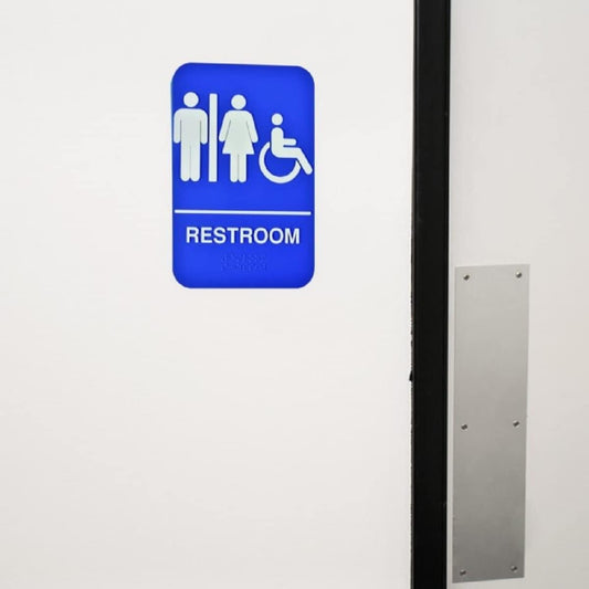 6" x 9" Restroom/Accessible Sign with Braille Easy Peel Self-Adhesive White on Blue Color Set of 2- Waterproof Self Adhesive Store Signs Indoor/Outdoor Warning Marker Home Business Use