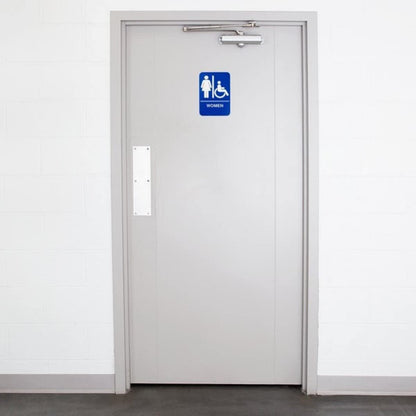6" x 9" Women/ Wheelchair Accessible Restroom Sign with Braille Easy Peel Self-Adhesive White on Blue Color Set of 2- Waterproof Self Adhesive Store Signs Indoor/Outdoor Warning Marker Home Business Use