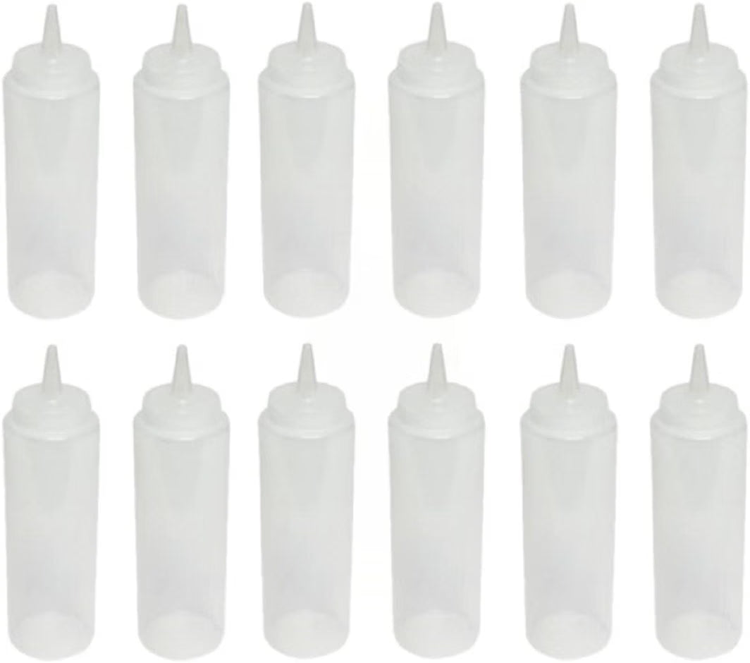 Set of 12 Squeeze Condiment Dispensing Bottles 8 oz - Plastic Squeeze Bottle For Sauces Spreads Ketchup Mustard Mayo Hot sauces and Olive oil