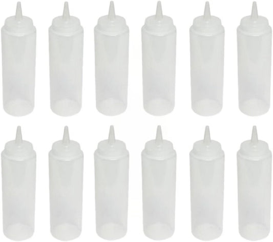Set of 12 Squeeze Condiment Dispensing Bottles 8 oz - Plastic Squeeze Bottle For Sauces Spreads Ketchup Mustard Mayo Hot sauces and Olive oil