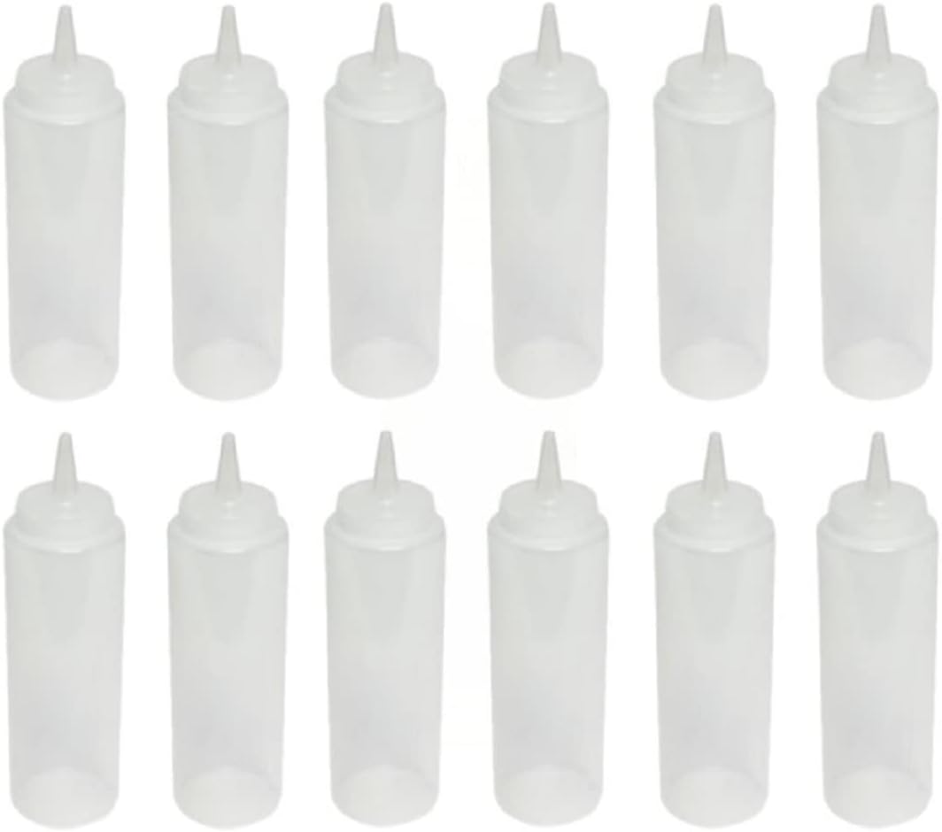 Set of 12 Squeeze Condiment Dispensing Bottles 8 oz - Plastic Squeeze Bottle For Sauces Spreads Ketchup Mustard Mayo Hot sauces and Olive oil