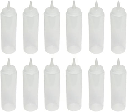 Set of 12 Squeeze Condiment Dispensing Bottles 8 oz - Plastic Squeeze Bottle For Sauces Spreads Ketchup Mustard Mayo Hot sauces and Olive oil