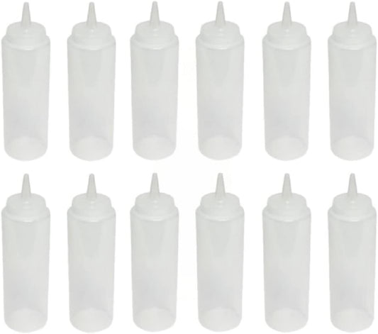 Set of 12 Squeeze Condiment Dispensing Bottles 8 oz - Plastic Squeeze Bottle For Sauces Spreads Ketchup Mustard Mayo Hot sauces and Olive oil