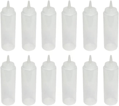 Set of 12 Squeeze Condiment Dispensing Bottles 8 oz - Plastic Squeeze Bottle For Sauces Spreads Ketchup Mustard Mayo Hot sauces and Olive oil