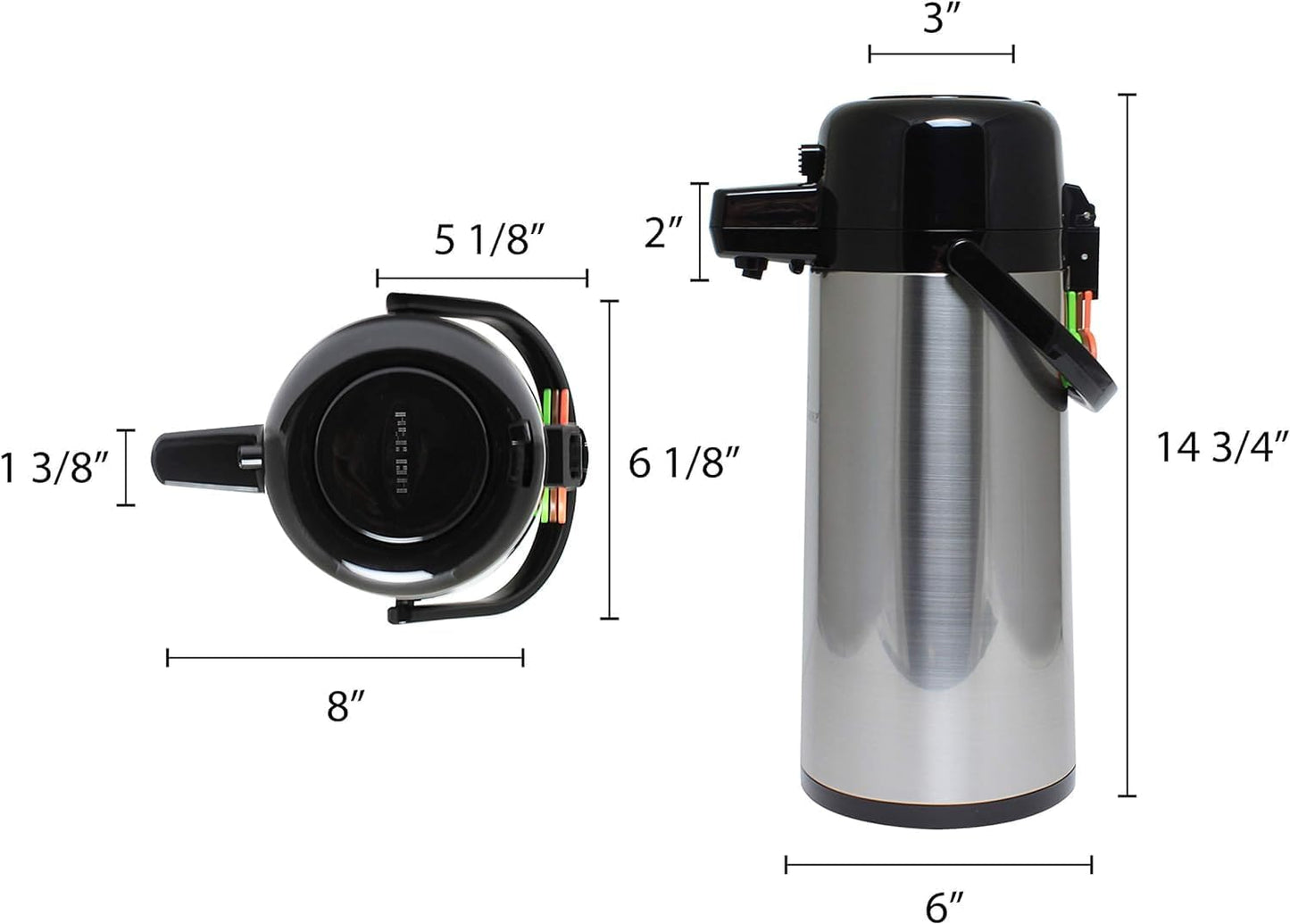 Push Button Coffee Airpot Stainless Steel Body Glass Lined - Hot Beverage Coffee Chocolate Juice Tea Drinks Dispenser Ideal for Large Crowds for Any Occasion