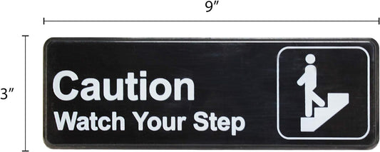 9" x 3" Caution, Watch Your Step Sign with Easy Peel Self-Adhesive White on Black Color Set of 2- Door Sign Waterproof Self Adhesive Store Signs Indoor/Outdoor Warning Marker Home Business Use