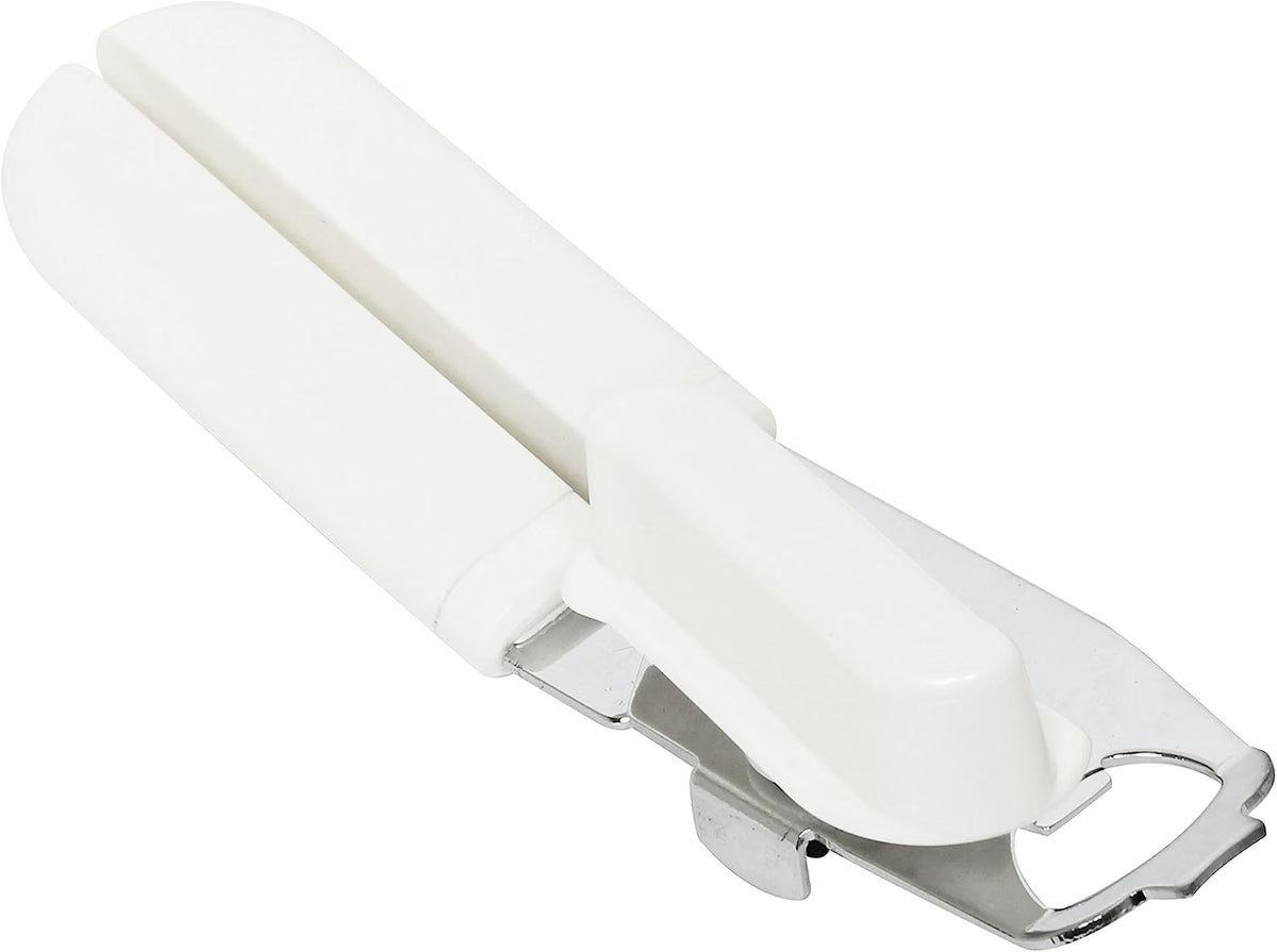 8" x 2" x 2-1/2" Manual Can Opener Iron Plated with White Color Plastic Handle - Built-in Bottle Cap Remover Handheld Easy Turn Knob Manual Hand Held Can Opener