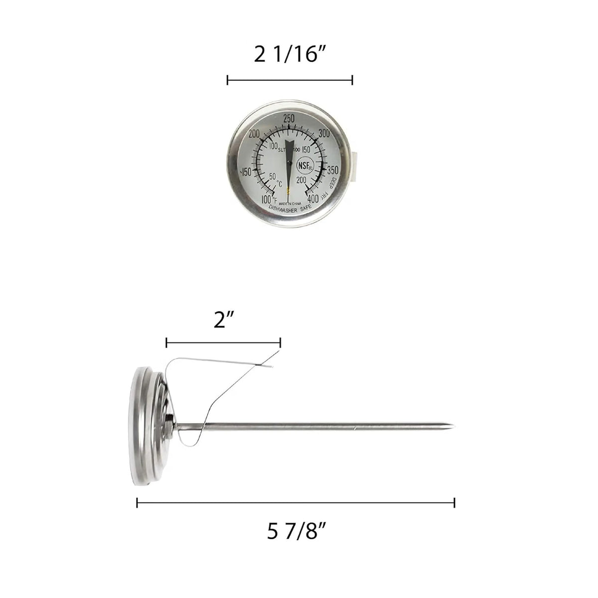 Stainless Steel 5 1/2" Candy Deep Fry Probe Thermometer with Pot Clip, 100°F to 400°F - Deep Frying Thermometer for Candy Maple Syrup Cheese Sugar