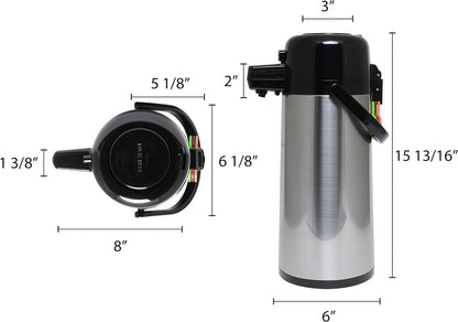 Push Button Coffee Airpot Stainless Steel Body Glass Lined - Hot Beverage Coffee Chocolate Juice Tea Drinks Dispenser Ideal for Large Crowds for Any Occasion