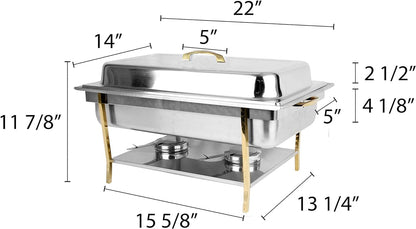 Stainless Steel Full Size Continental Chafing Dish Brass Accent Complete Set- Food Warmer Chafers and Buffet Warmer Sets for Catering Event Party Holiday Buffet Weddings Catering