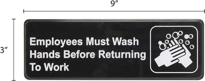 9" x 3" Employees Must Wash Hands Sign with Easy Peel Self-Adhesive White on Black Color Set of 2- Door Sign Waterproof Self Adhesive Store Signs Indoor/Outdoor Warning Marker Home Business Use