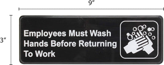 9" x 3" Employees Must Wash Hands Sign with Easy Peel Self-Adhesive White on Black Color Set of 2- Door Sign Waterproof Self Adhesive Store Signs Indoor/Outdoor Warning Marker Home Business Use