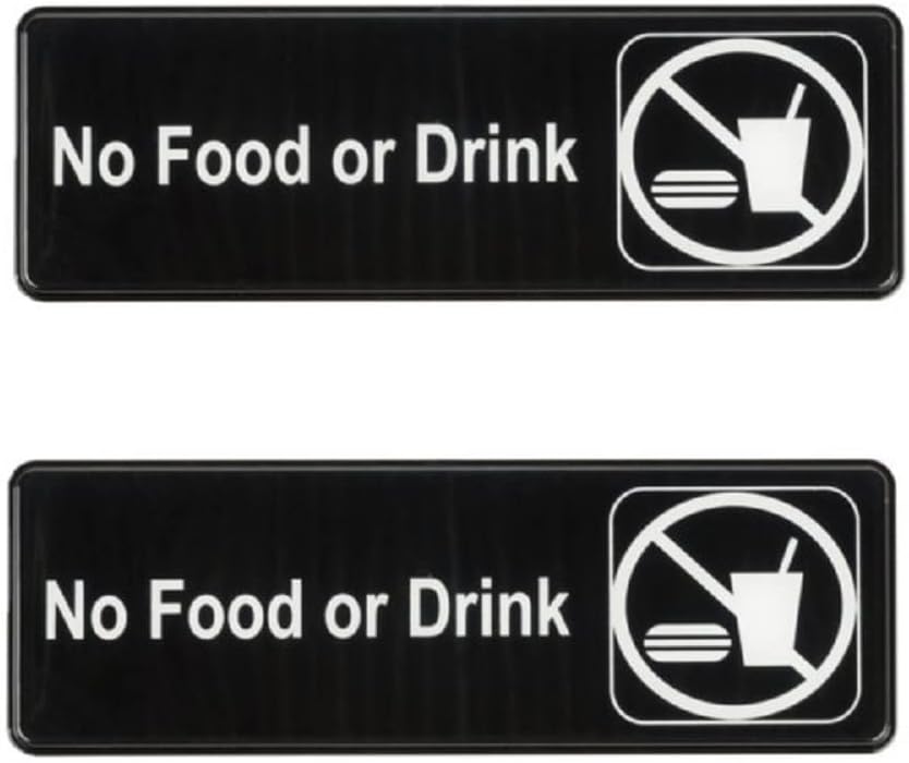 9" x 3" No Food or Drink Sign with Easy Peel Self-Adhesive White on Black Color Set of 2- Door Sign Waterproof Self Adhesive Store Signs Indoor/Outdoor Warning Marker Home Business Use