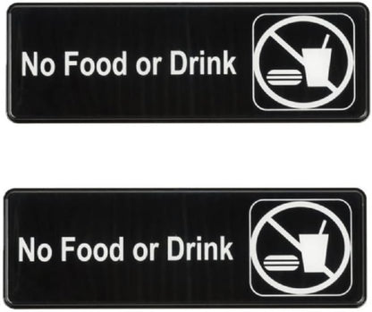 9" x 3" No Food or Drink Sign with Easy Peel Self-Adhesive White on Black Color Set of 2- Door Sign Waterproof Self Adhesive Store Signs Indoor/Outdoor Warning Marker Home Business Use