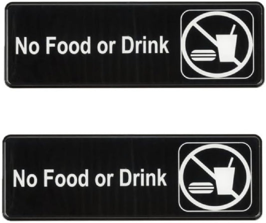 9" x 3" No Food or Drink Sign with Easy Peel Self-Adhesive White on Black Color Set of 2- Door Sign Waterproof Self Adhesive Store Signs Indoor/Outdoor Warning Marker Home Business Use