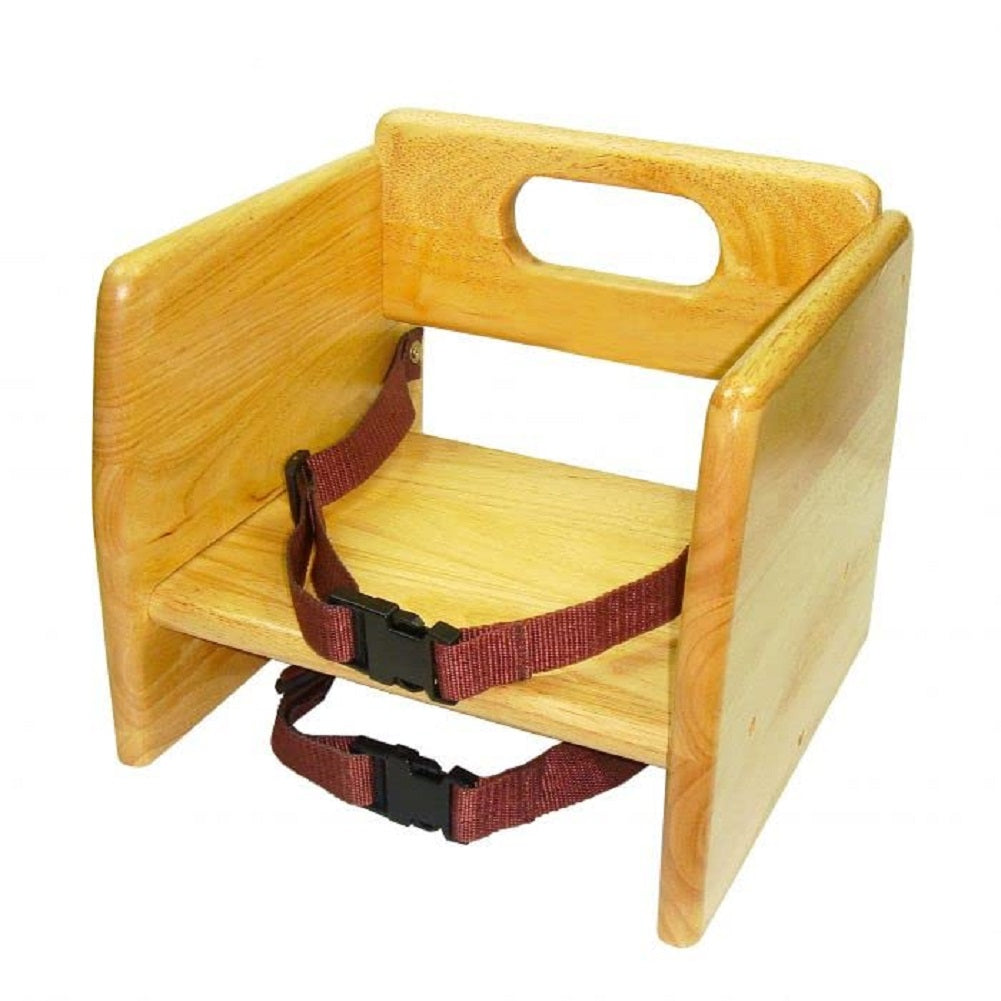 17" Children Booster Seat, Durable Wood Finished Rubber Wood with Harness Straps Seat Back Support Maximum Knock-Down Package, Stackable Booster Seat for Dining Table