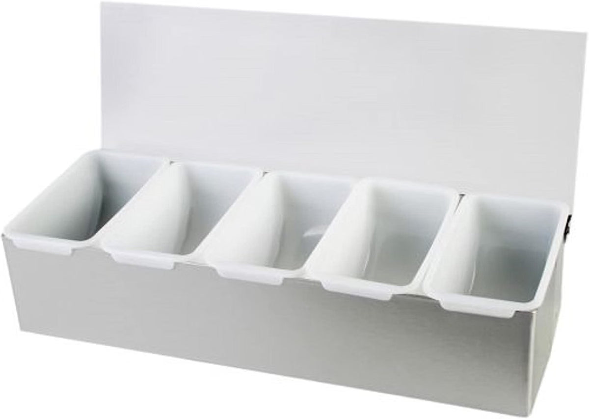 Compartment Condiment Dispenser Garnish Tray Bar Caddy Stainless Steel Body with Acrylic Hinged White Color Lid- Condiment Server Caddy Bar Garnish Holder Bar Accessories Fruit Salad