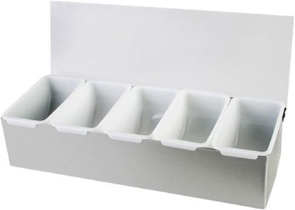 Compartment Condiment Dispenser Garnish Tray Bar Caddy Stainless Steel Body with Acrylic Hinged White Color Lid- Condiment Server Caddy Bar Garnish Holder Bar Accessories Fruit Salad