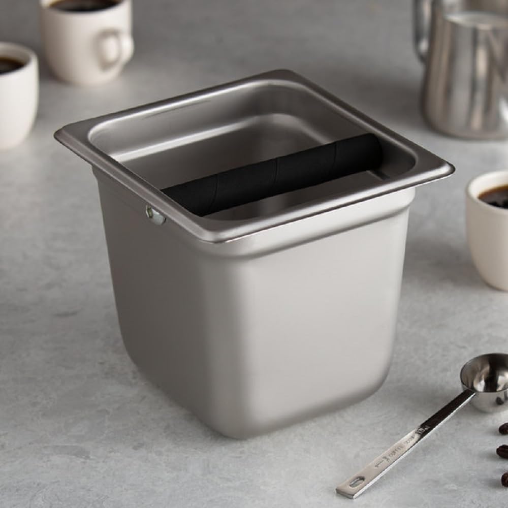 Deep Commercial Grade Stainless Steel Coffee Knock Box with Rubber Knock Bar 0.6mm Thickness- Durable Barista Espresso Knock Box Perfect for Restaurant Cafes Home