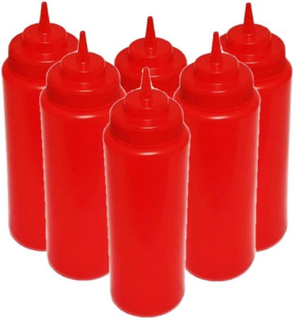 Set of 6 Squeeze Condiment Wide Mouth Dispensing Bottles - Plastic Squeeze Bottle for Sauces Spreads Ketchup Mustard Mayo Hot sauces and Olive oil