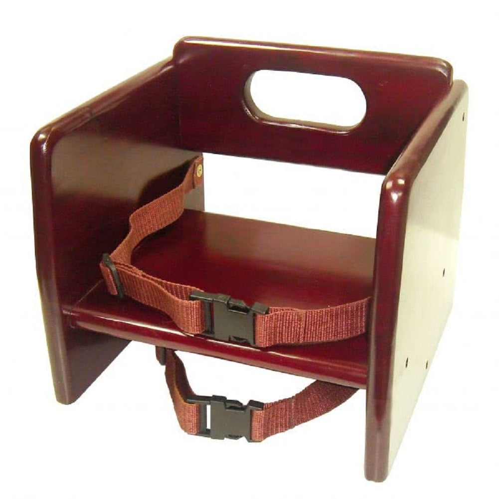 17" Children Booster Seat, Durable Wood Finished Rubber Wood with Harness Straps Seat Back Support Maximum Knock-Down Package, Stackable Booster Seat for Dining Table