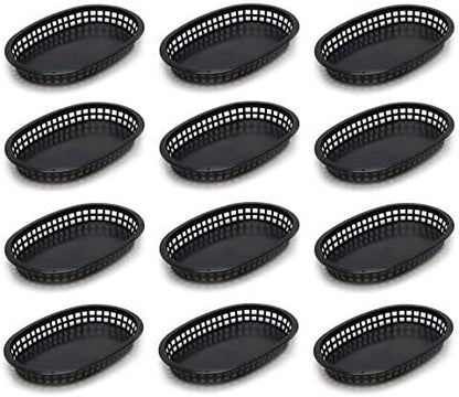 10-3/4" Oblong Fast Food Basket Plastic Set of 12- Fry Fast Food Reusable Foodservice Restaurant Diner Tray Plates Restaurant Deli Serving Chicken Burgers Sandwiches & Fries