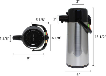 Push Button Coffee Airpot Stainless Steel Body Glass Lined - Hot Beverage Coffee Chocolate Juice Tea Drinks Dispenser Ideal for Large Crowds for Any Occasion