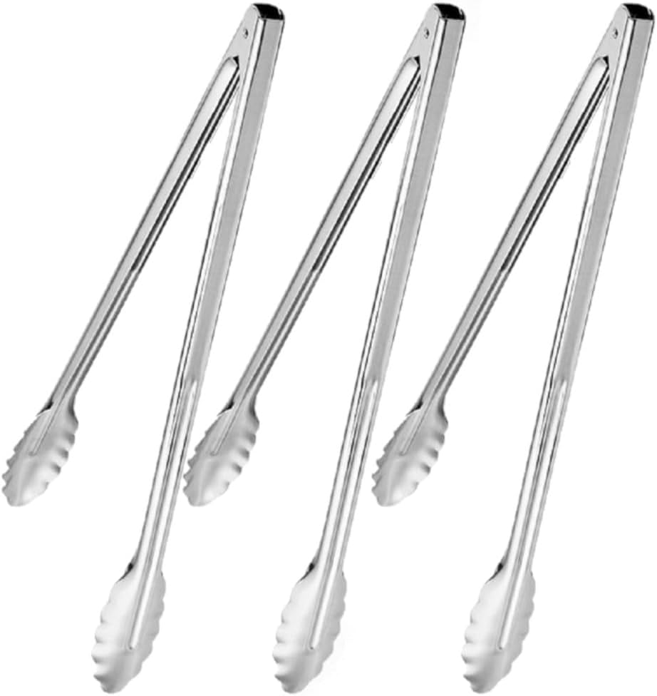 Stainless Steel Coiled Spring Utility Tong Extra Heavy Duty Set of 3- Kitchen Tongs Metal Food Tongs Premium Stainless Steel Tongs for Cooking Food Salad Grilling Barbecue BBQ Buffet