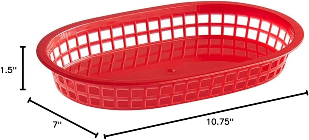 10-3/4" Oblong Fast Food Basket Plastic Set of 12- Fry Fast Food Reusable Foodservice Restaurant Diner Tray Plates Restaurant Deli Serving Chicken Burgers Sandwiches & Fries