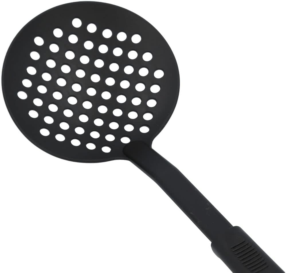 12 1/2” Cooking Skimmer High-Heat Nylon & Polypropylene Handle Black Color- Heat Resistant up to 410°F Cooking Skimmer Strainer Spoon Skimmer Spoon with Holes for Draining Frying