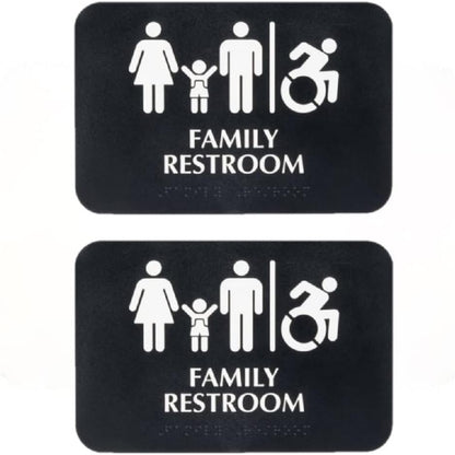 9" x 6" Family Restroom/Accessible Restroom Sign with Braille with Easy Peel Self-Adhesive White on Black Color Set of 2- Door Sign Waterproof Self Adhesive Store Signs Indoor/Outdoor Warning Marker Home Business Use