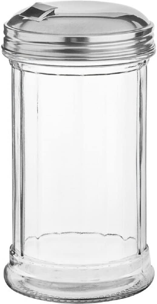 12oz Glass Sugar Dispenser Pourer Shaker with Side Flip Stainless Steel Lid Cover- Paneled design Sugar Cinnamon Sugar Pepper Powder Cocoa Shaker for Kitchen and Restaurants