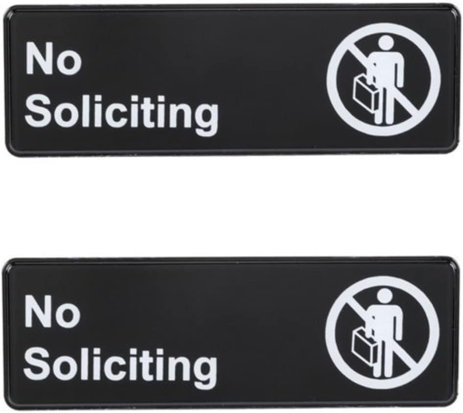 9" x 3" No Soliciting Sign with Easy Peel Self-Adhesive White on Black Color Set of 2- Door Sign Waterproof Self Adhesive Store Signs Indoor/Outdoor Warning Marker Home Business Use