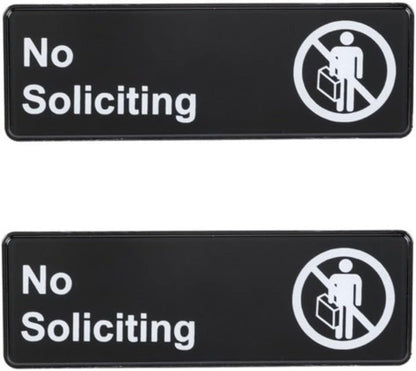 9" x 3" No Soliciting Sign with Easy Peel Self-Adhesive White on Black Color Set of 2- Door Sign Waterproof Self Adhesive Store Signs Indoor/Outdoor Warning Marker Home Business Use
