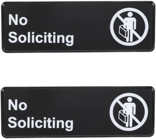 9" x 3" No Soliciting Sign with Easy Peel Self-Adhesive White on Black Color Set of 2- Door Sign Waterproof Self Adhesive Store Signs Indoor/Outdoor Warning Marker Home Business Use