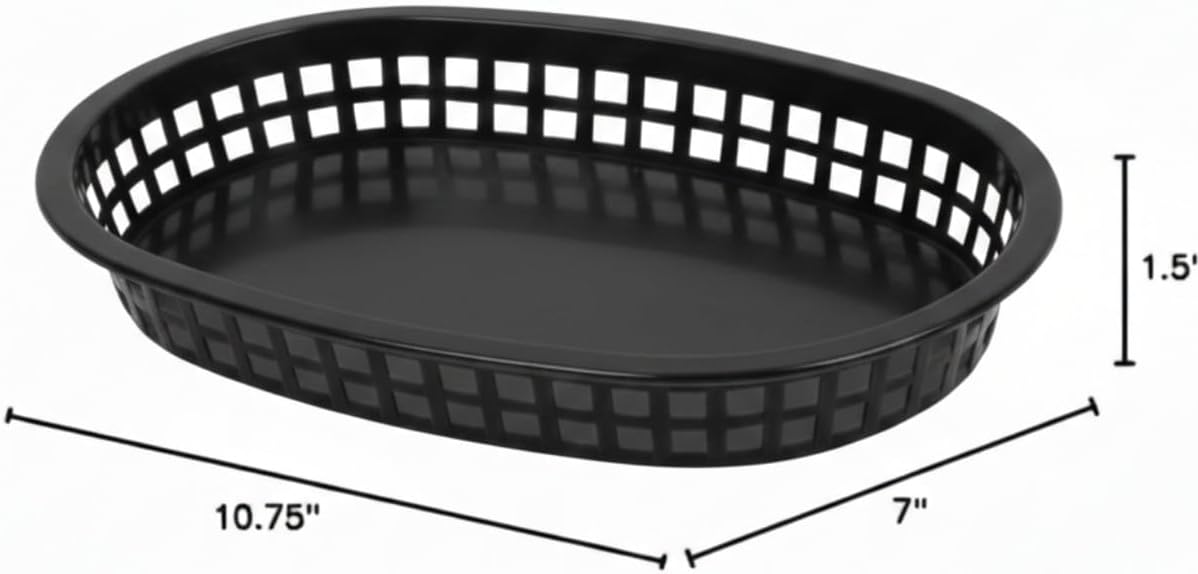10-3/4" Oblong Fast Food Basket Plastic Set of 12- Fry Fast Food Reusable Foodservice Restaurant Diner Tray Plates Restaurant Deli Serving Chicken Burgers Sandwiches & Fries